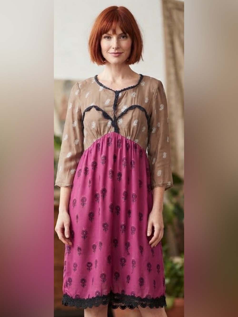Odd Molly Two-Tone Pink and Brown Long Sleeve Midi Dress